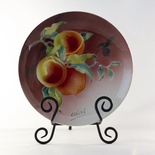 K & G LUNÉVILLE FRENCH FAIENCE PLATE HAND PAINTED PEACHES 8 ½” Signed Obert Circa 1900