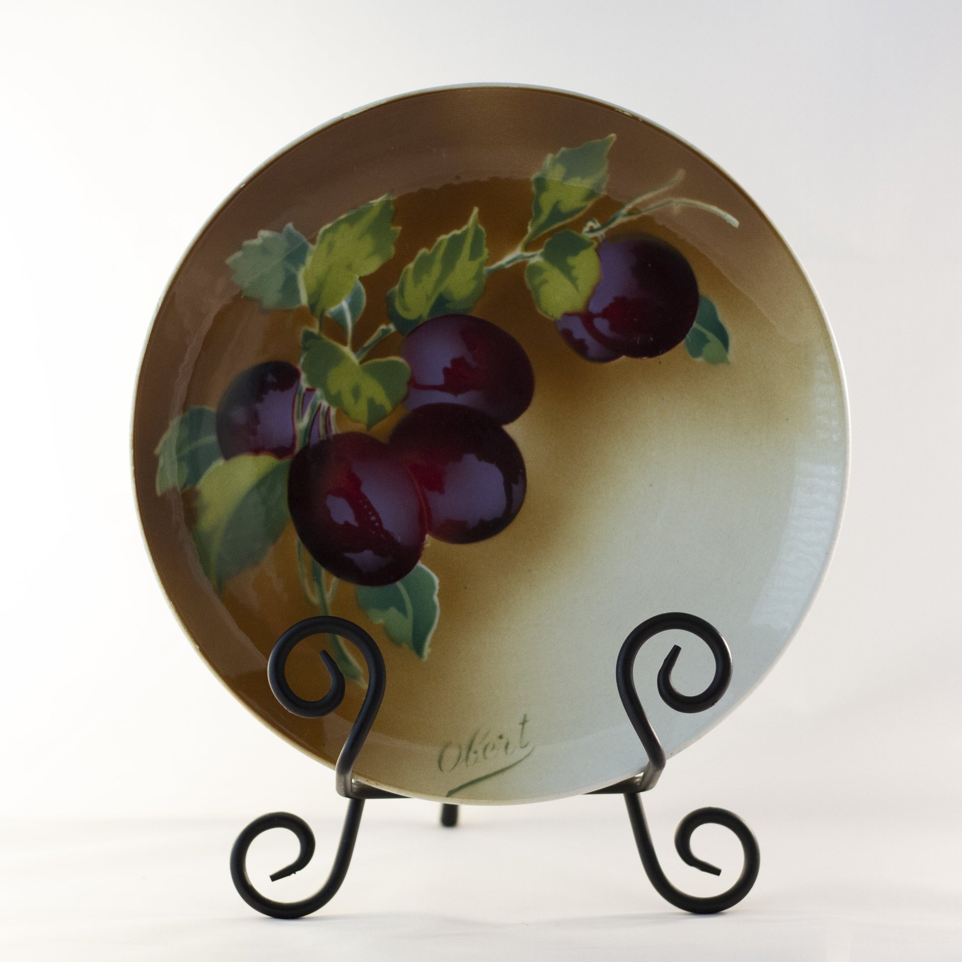 K & G LUNÉVILLE FRENCH FAIENCE PLATE HAND PAINTED PLUMS 8 ½” Signed Obert Circa 1900