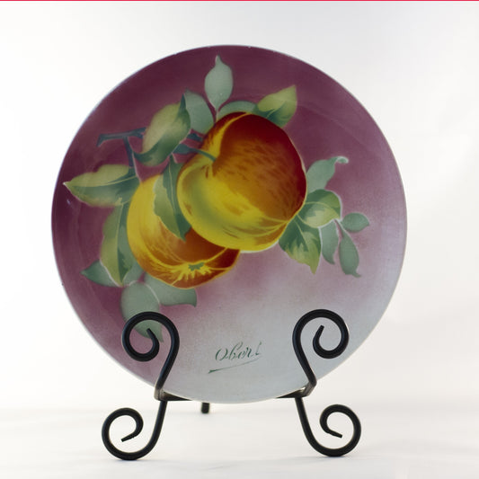 K & G LUNÉVILLE FRENCH FAIENCE PLATE HAND PAINTED APPLES 8 ½” Signed Obert Circa 1900