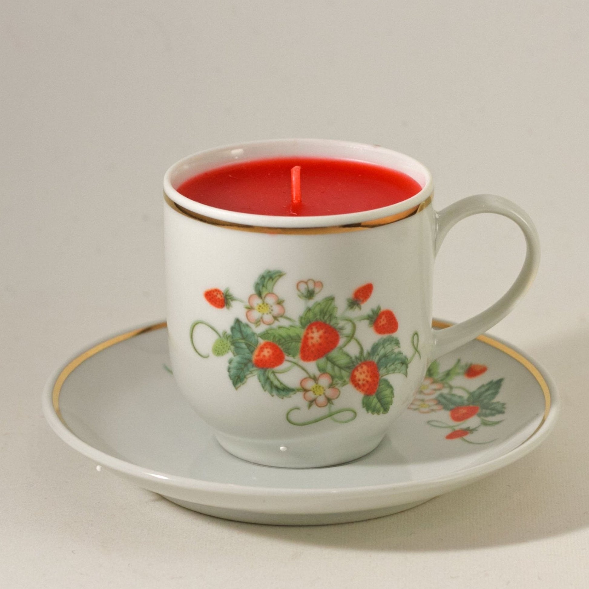 STRAWBERRY FINE PORCELAIN Hand Decorated 22K Gold Rim Cups (1)