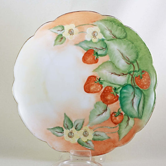 BAVARIA PORCELAIN PLATE Hand Painted with Strawberries and Blossoms Circa 1940s