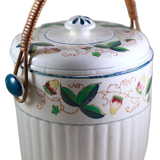MADE IN JAPAN BISCUIT JAR with Rattan Handle Circa 1940s (2)