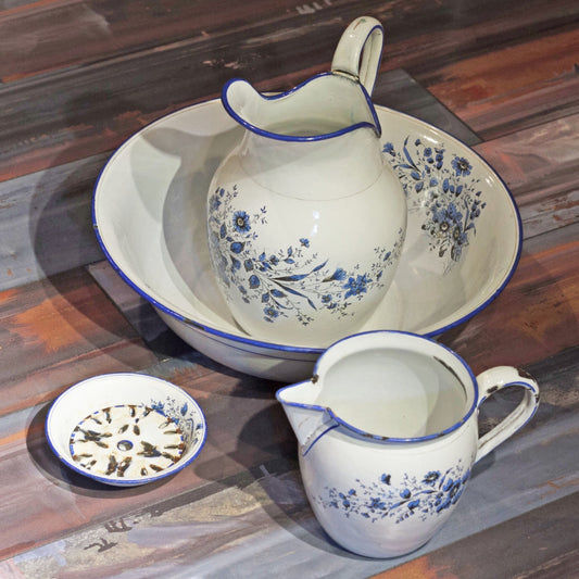 ENAMEL WARE DECORATED BOWL AND PITCHER SET by Gebrüder Baumann Circa 1885 Marked with Rampant Lion Holding Tankard with B