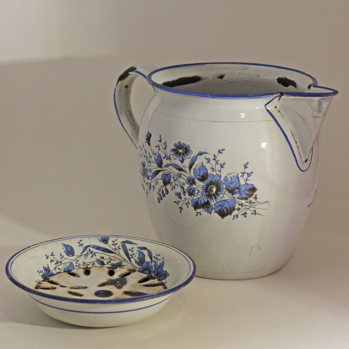 ENAMEL WARE DECORATED BOWL AND PITCHER SET by Gebrüder Baumann Circa 1885 Marked with Rampant Lion Holding Tankard with B