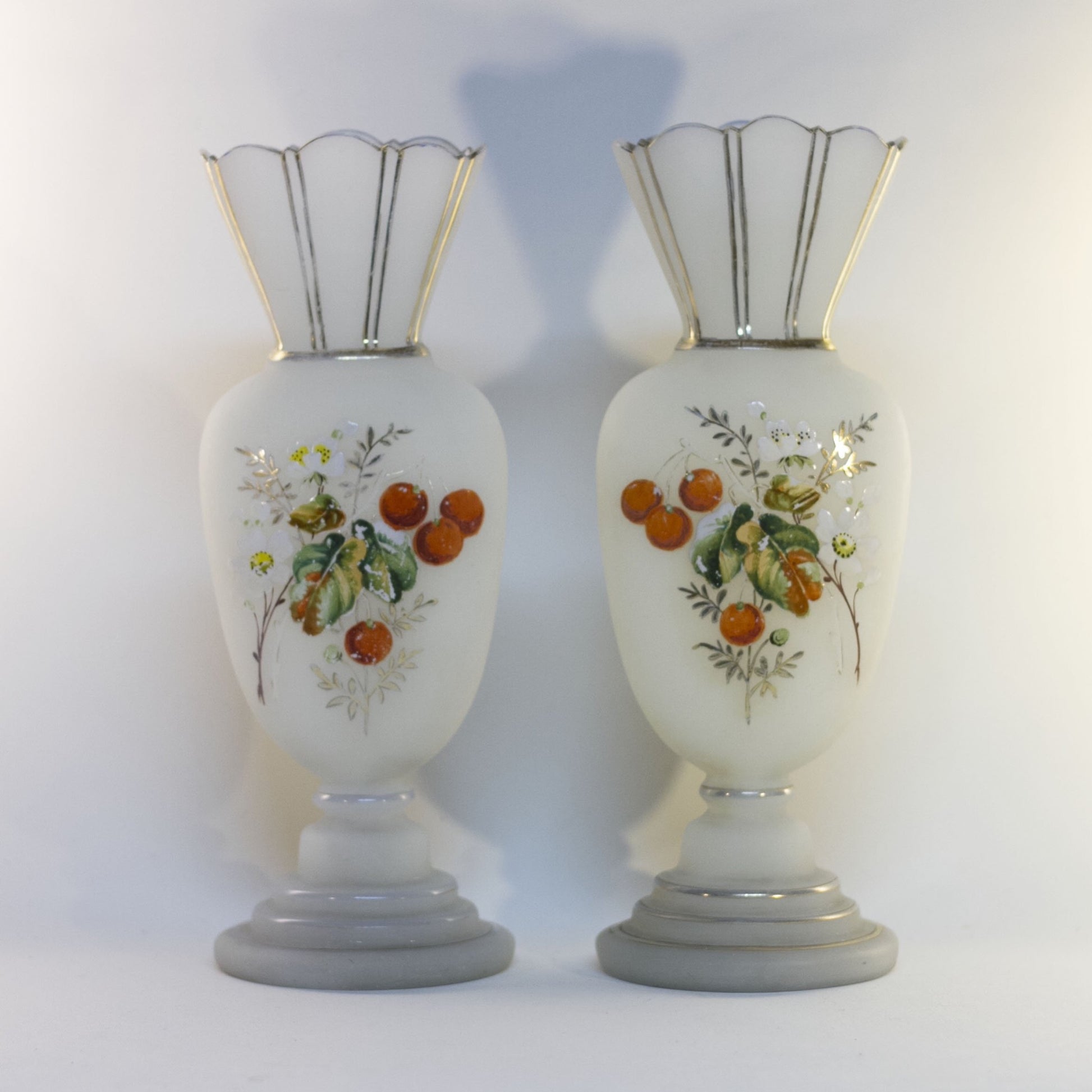 Pair of Late 19th Century Victorian Era BRISTOL GLASS WHITE MANTLE VASES Hand-Painted Cherries and Blossoms