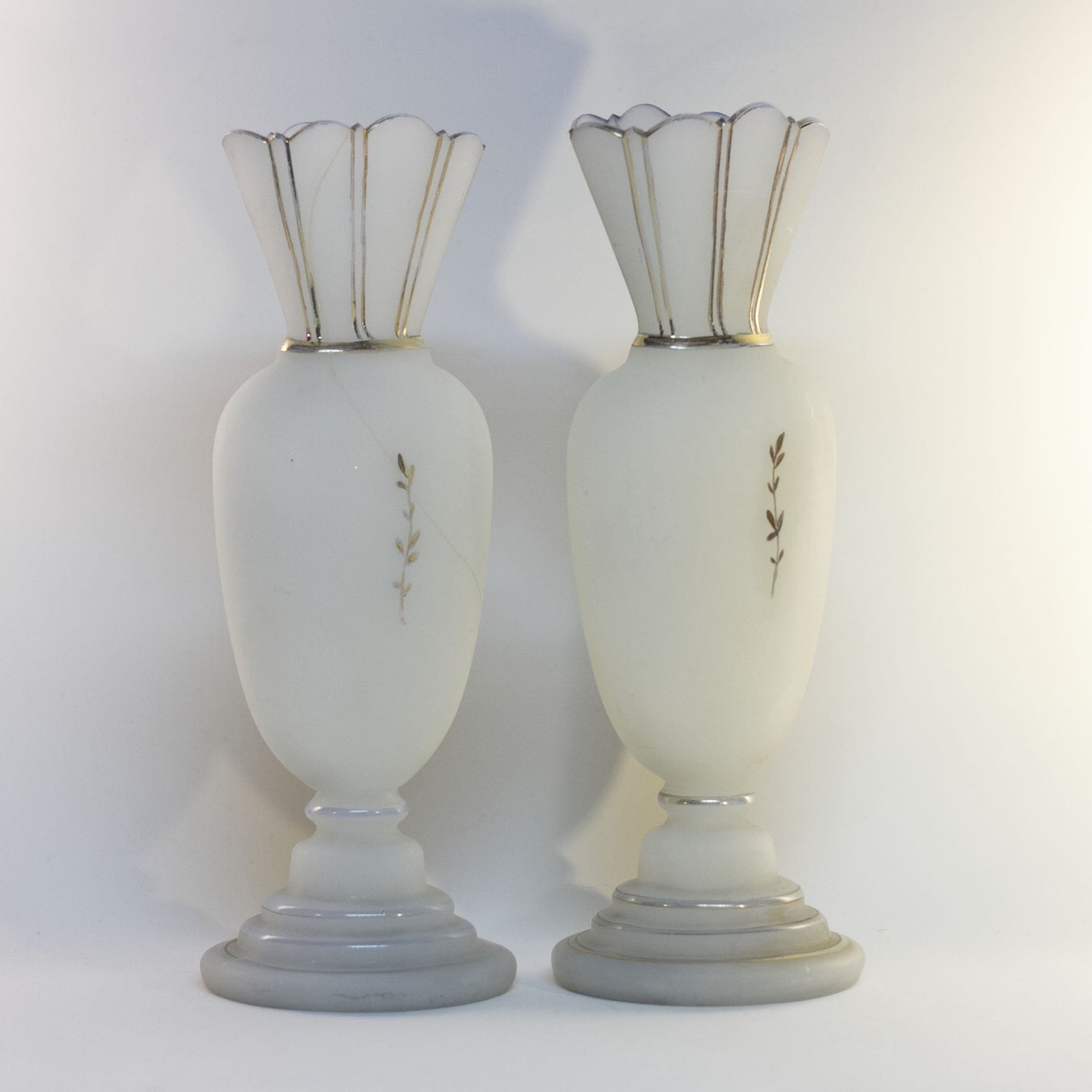 Pair of Late 19th Century Victorian Era BRISTOL GLASS WHITE MANTLE VASES Hand-Painted Cherries and Blossoms