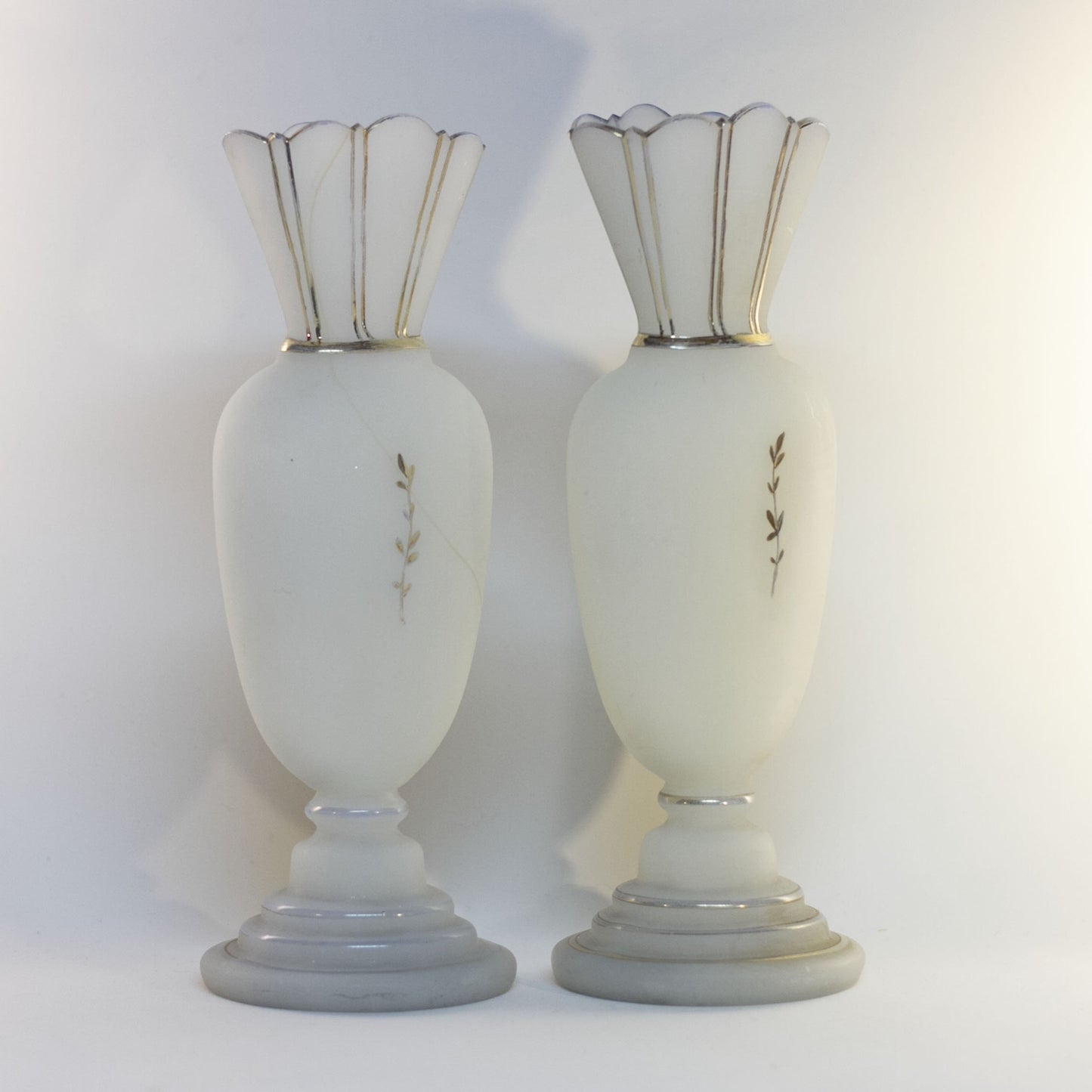 Pair of Late 19th Century Victorian Era BRISTOL GLASS WHITE MANTLE VASES Hand-Painted Cherries and Blossoms