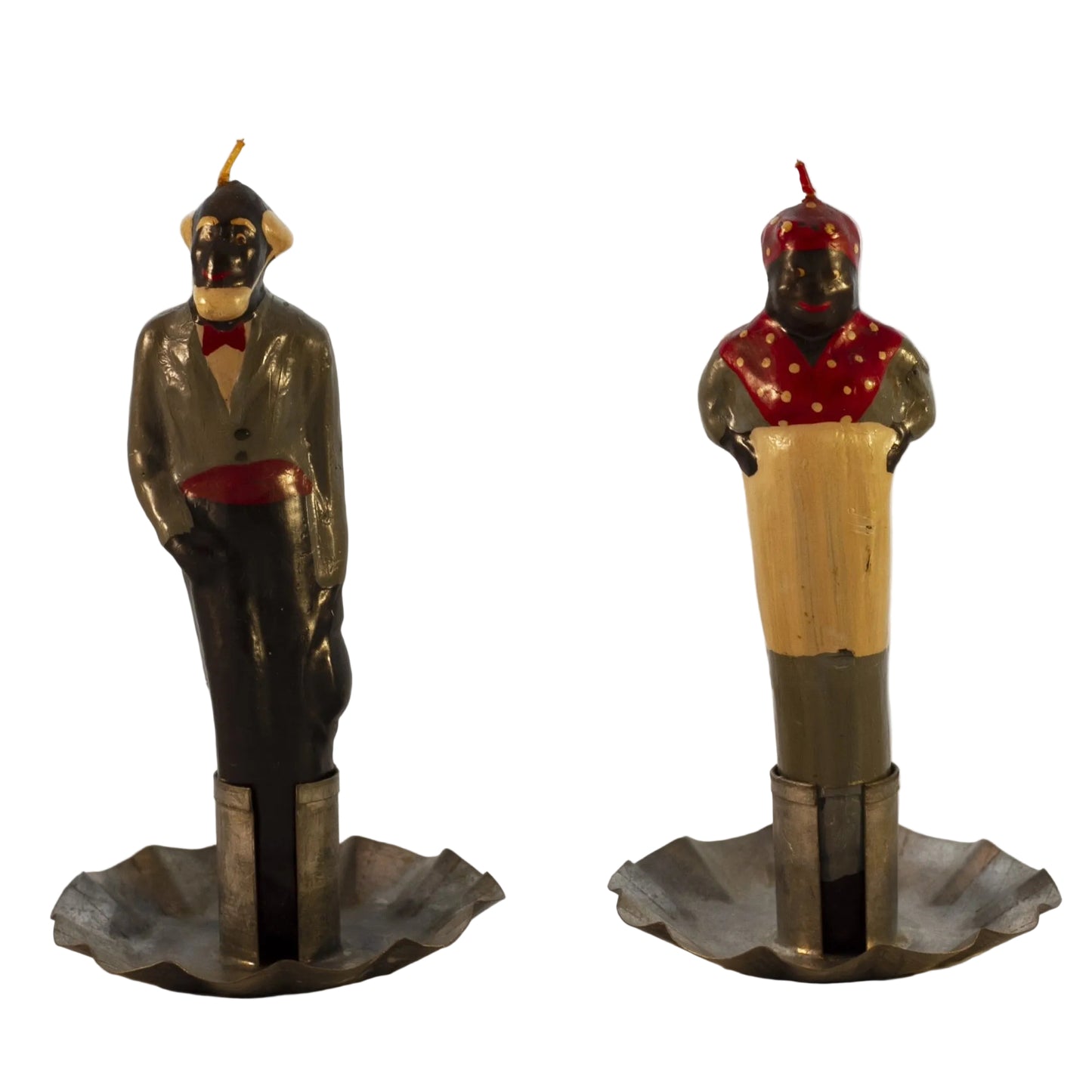 Black Americana WAX CANDLE FIGURINE PAIR with Tin Holder 5 3/4" Tall