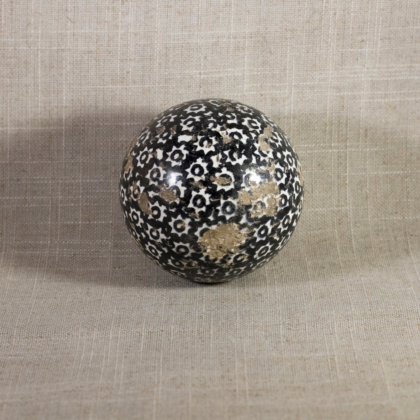 Antique VICTORIAN CARPET BALL with Black Glaze Stick-Spatter Star Design 3" Circa 1860 - 1890