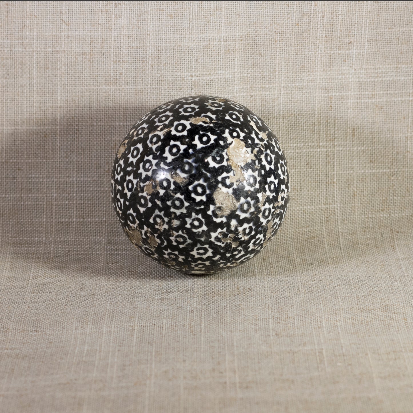 Antique VICTORIAN CARPET BALL with Black Glaze Stick-Spatter Star Design 3" Circa 1860 - 1890