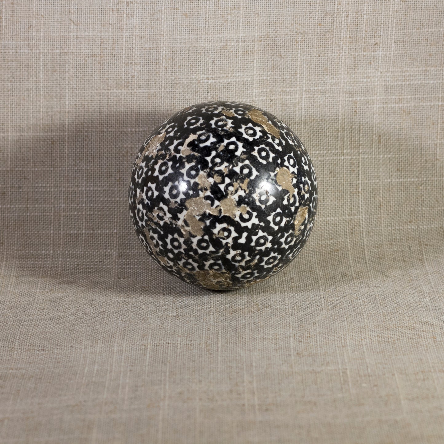 Antique VICTORIAN CARPET BALL with Black Glaze Stick-Spatter Star Design 3" Circa 1860 - 1890