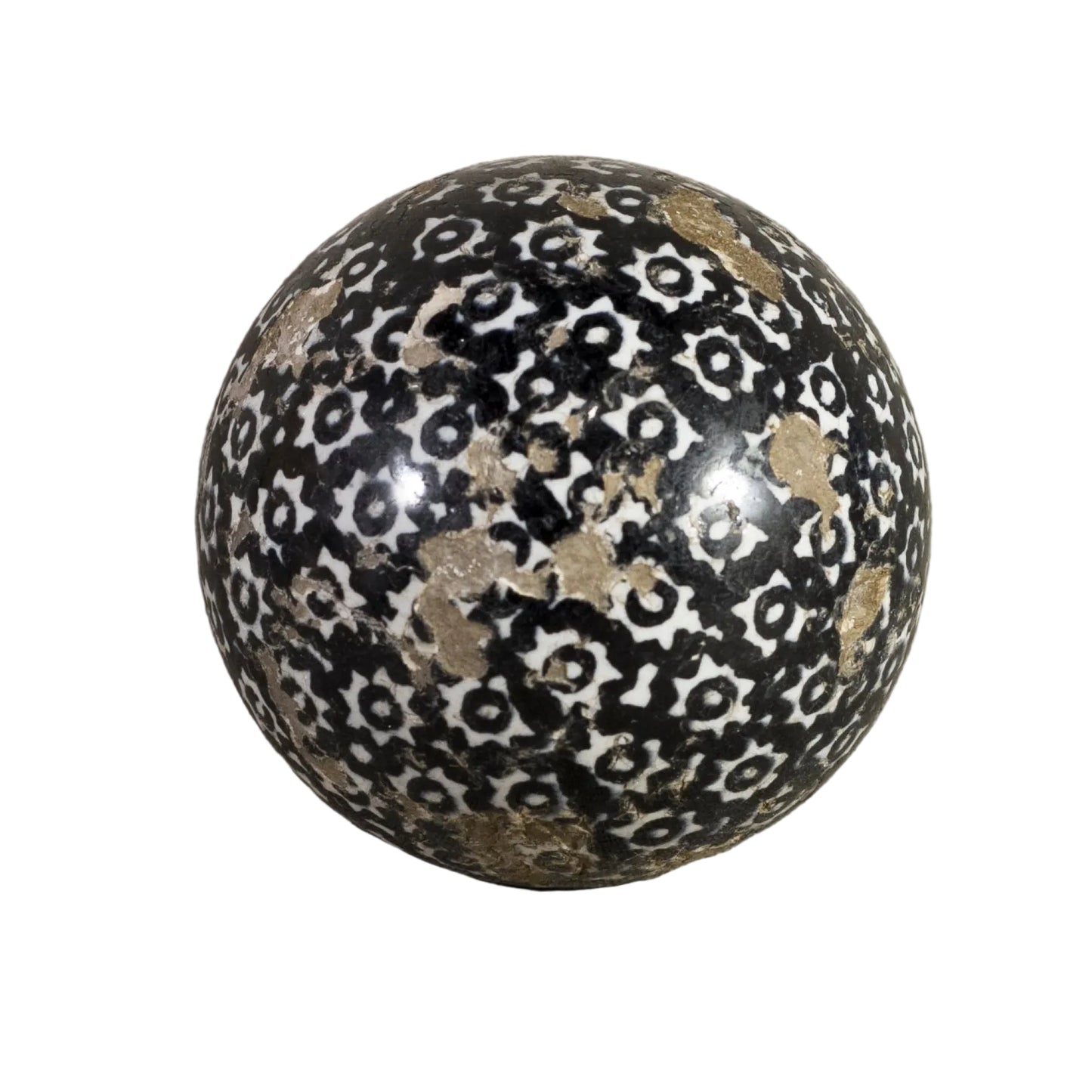 Antique VICTORIAN CARPET BALL with Black Glaze Stick-Spatter Star Design 3" Circa 1860 - 1890