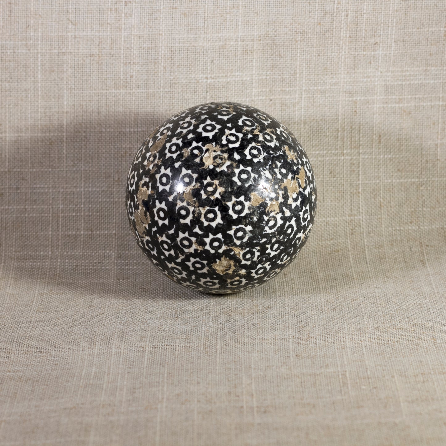 Antique VICTORIAN CARPET BALL with Black Glaze Stick-Spatter Star Design 3" Circa 1860 - 1890