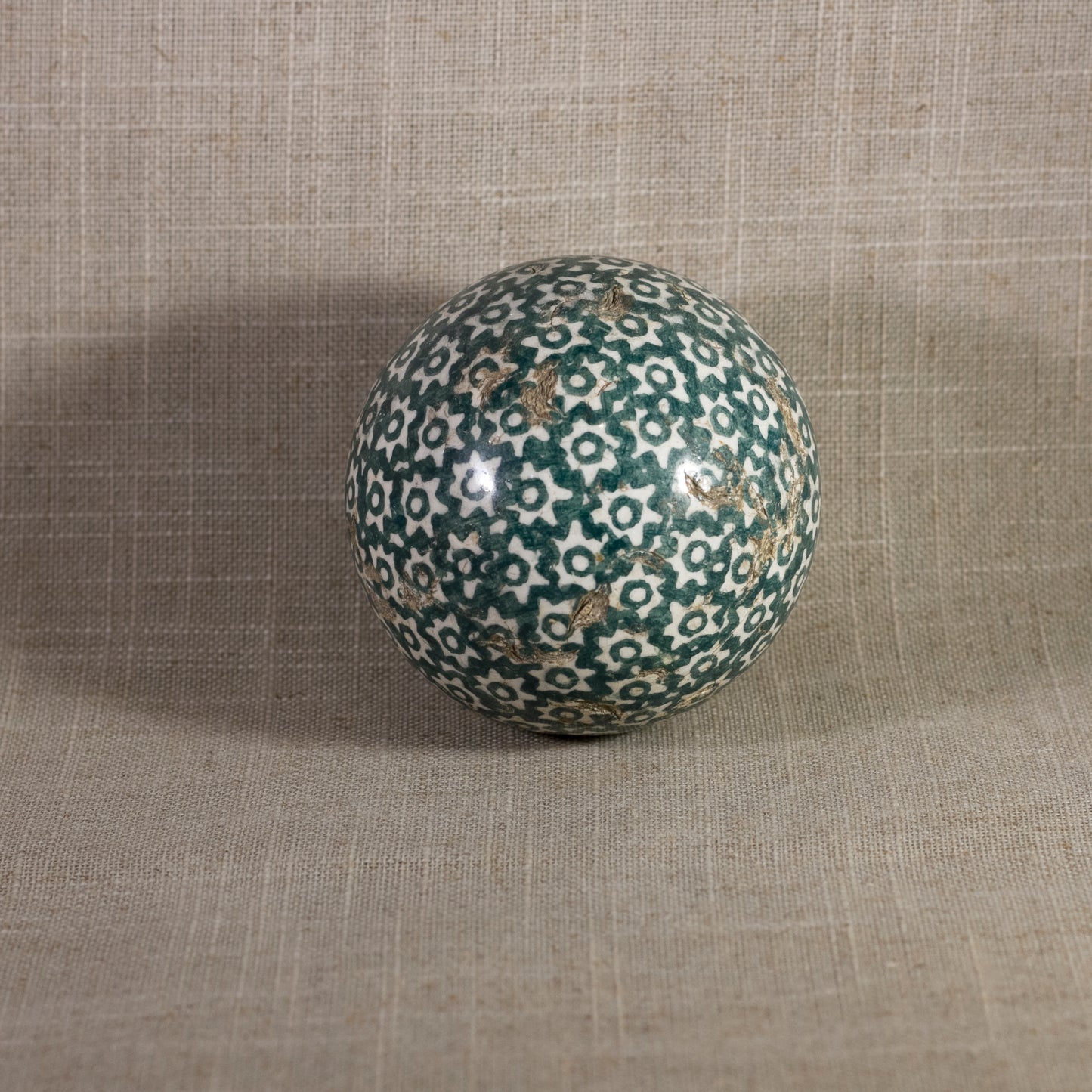 Antique VICTORIAN CARPET BALL with Green Glaze Stick-Spatter Star Design 3” Circa 1860 - 1890