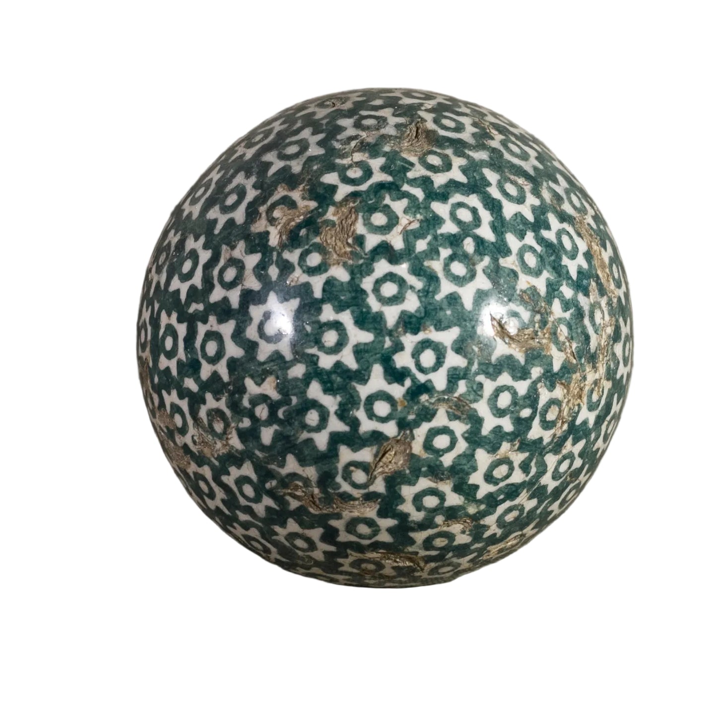Antique VICTORIAN CARPET BALL with Green Glaze Stick-Spatter Star Design 3” Circa 1860 - 1890