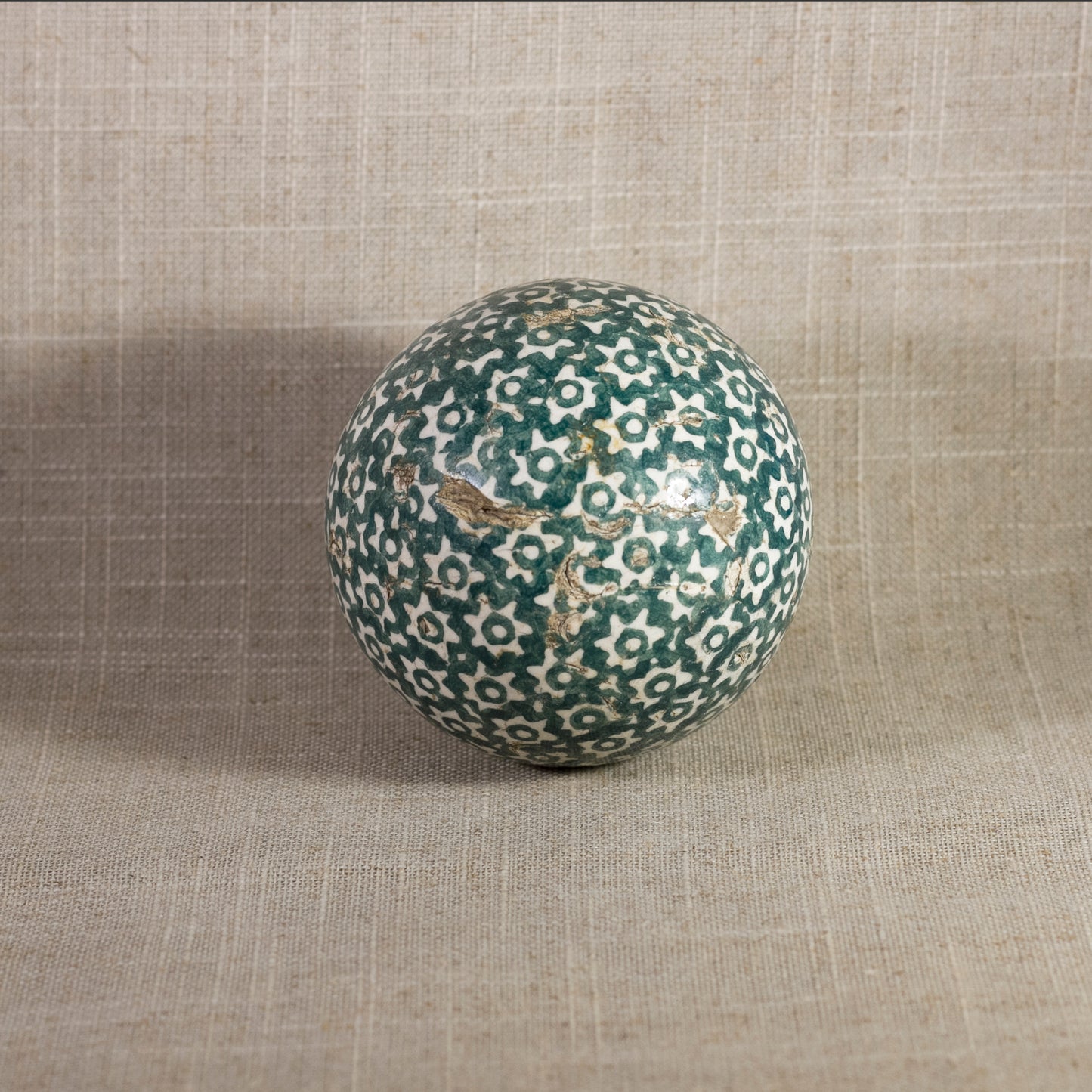 Antique VICTORIAN CARPET BALL with Green Glaze Stick-Spatter Star Design 3” Circa 1860 - 1890