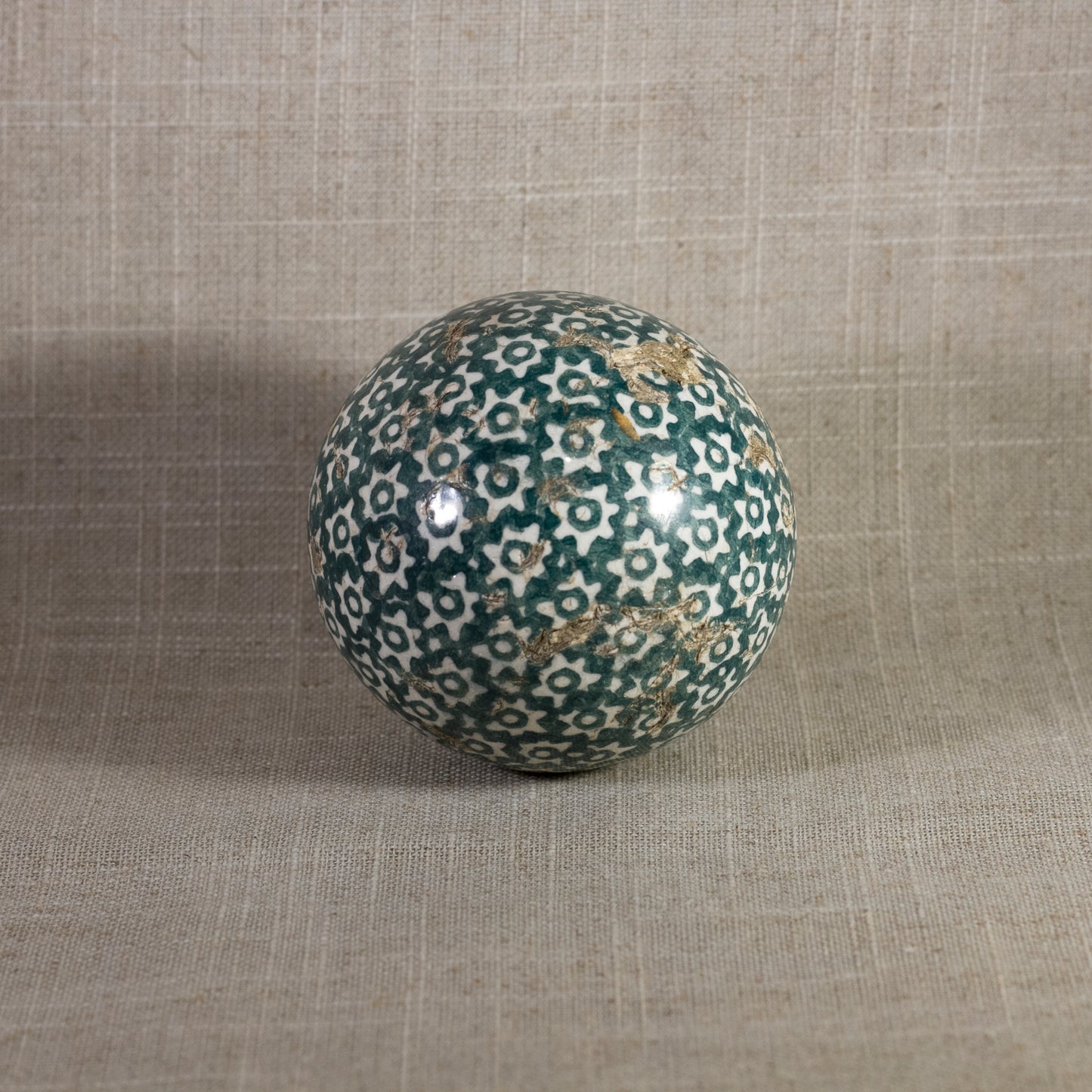 Antique VICTORIAN CARPET BALL with Green Glaze Stick-Spatter Star Design 3” Circa 1860 - 1890