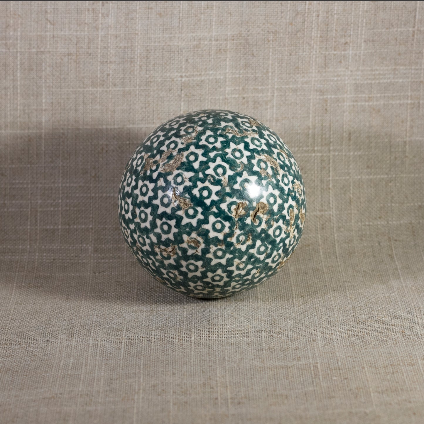 Antique VICTORIAN CARPET BALL with Green Glaze Stick-Spatter Star Design 3” Circa 1860 - 1890