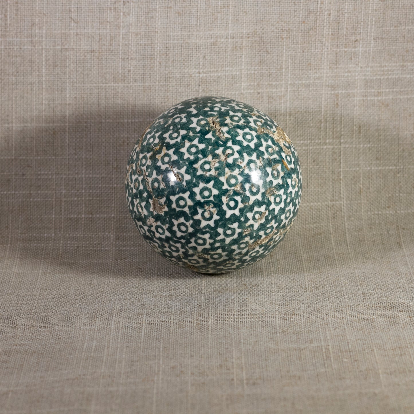 Antique VICTORIAN CARPET BALL with Green Glaze Stick-Spatter Star Design 3” Circa 1860 - 1890