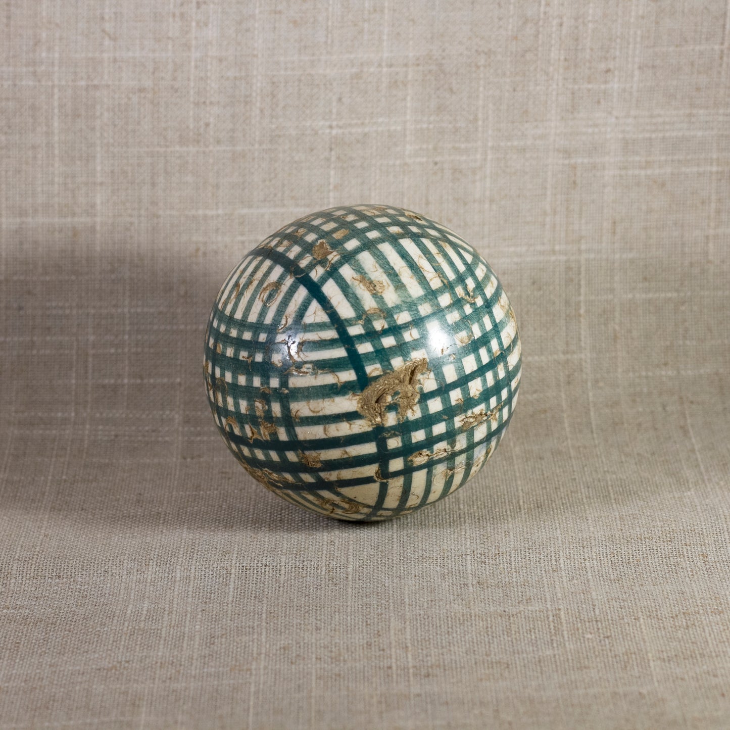 Antique VICTORIAN CARPET BALL with Green Glaze Multiple Crossbands Design 3” Circa 1860 - 1890