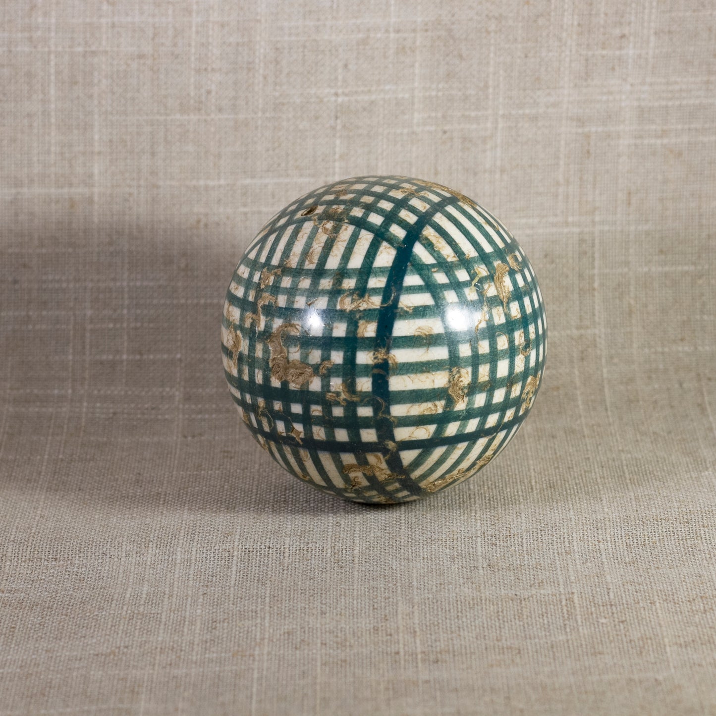 Antique VICTORIAN CARPET BALL with Green Glaze Multiple Crossbands Design 3” Circa 1860 - 1890