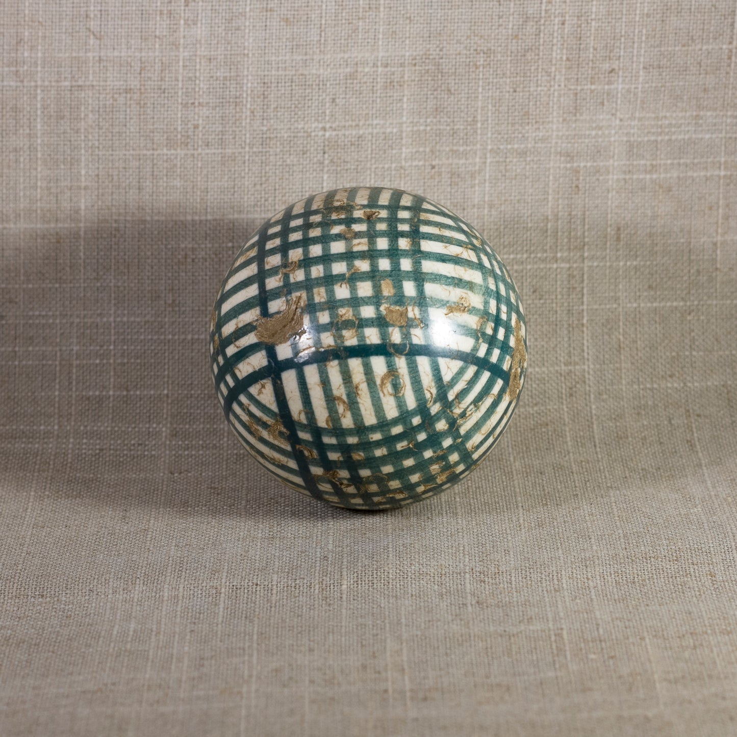 Antique VICTORIAN CARPET BALL with Green Glaze Multiple Crossbands Design 3” Circa 1860 - 1890