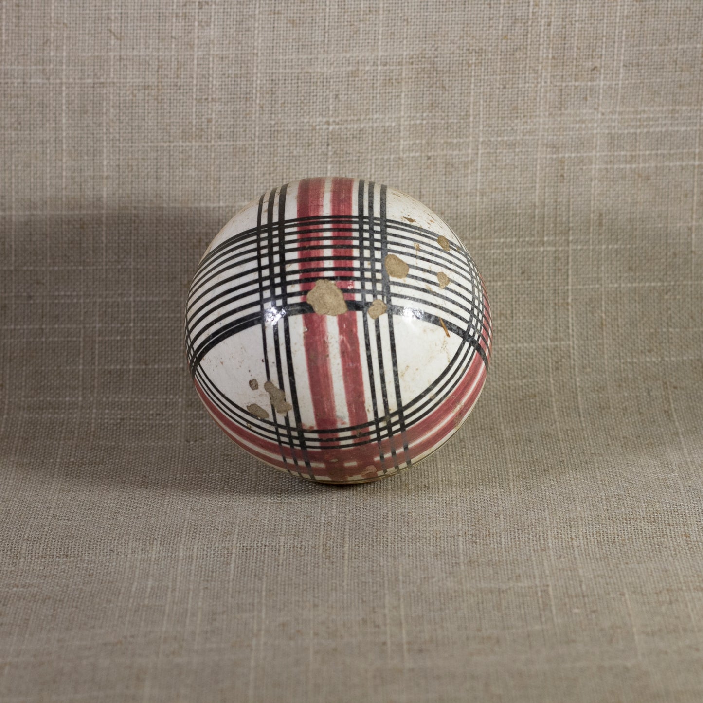 Antique VICTORIAN CARPET BALL with Rare Red and Black Glaze Plaid Design 3” Circa 1860 - 1890