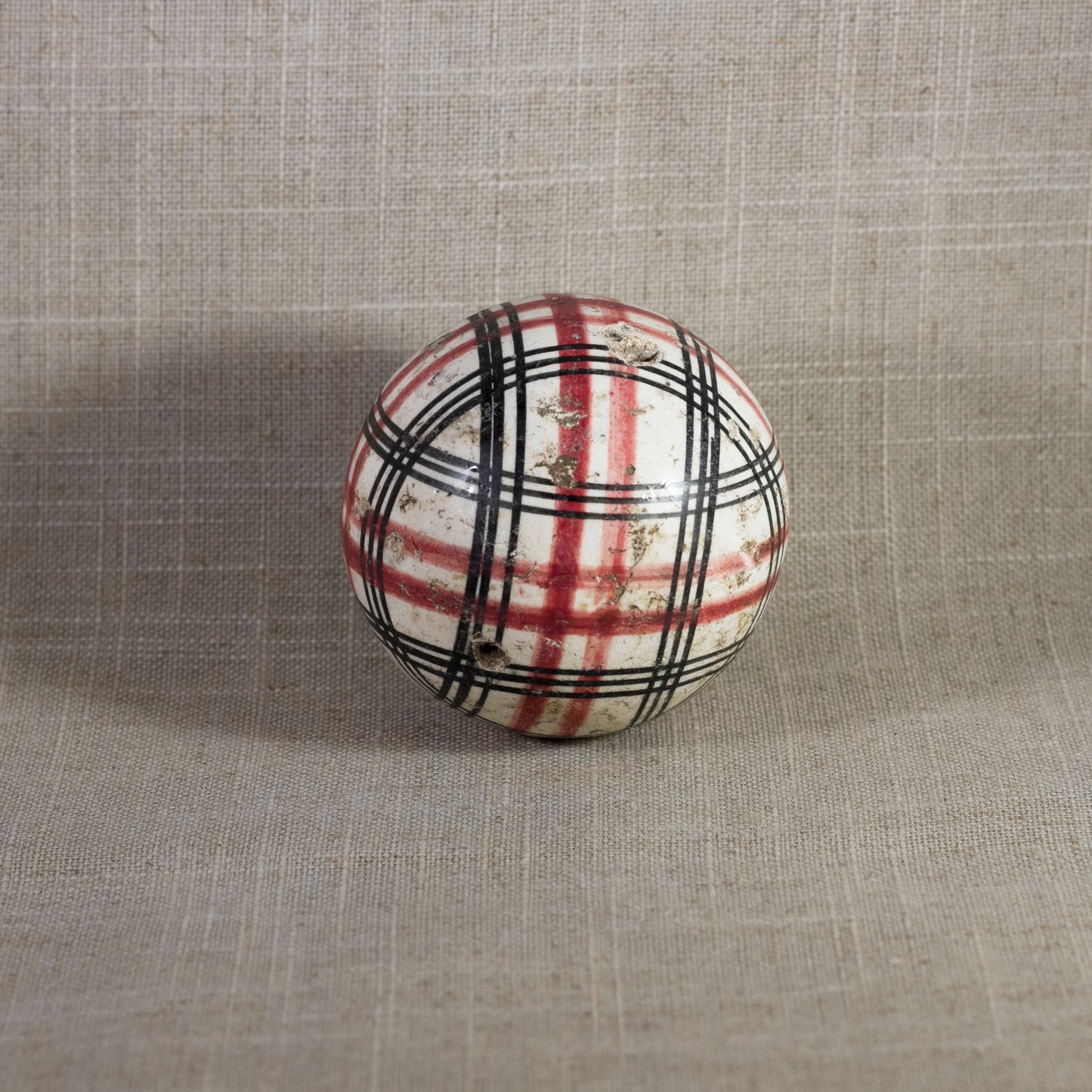 Antique VICTORIAN CARPET BALL with Rare Red and Black Glaze Plaid Design 2 ¾” Circa 1860 - 1890