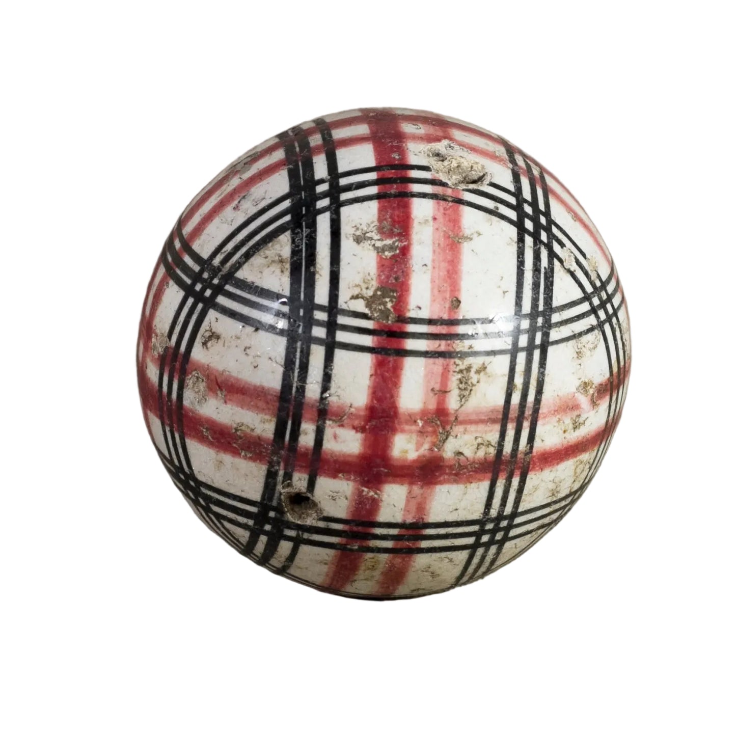 Antique VICTORIAN CARPET BALL with Rare Red and Black Glaze Plaid Design 2 ¾” Circa 1860 - 1890