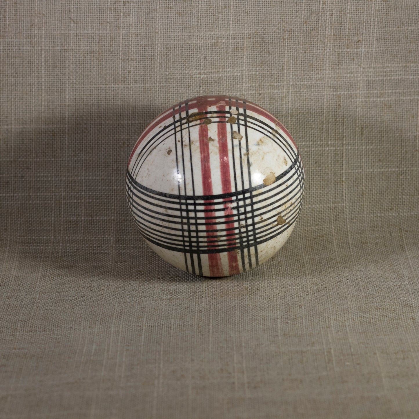 Antique VICTORIAN CARPET BALL with Rare Red and Black Glaze Plaid Design 3” Circa 1860 - 1890