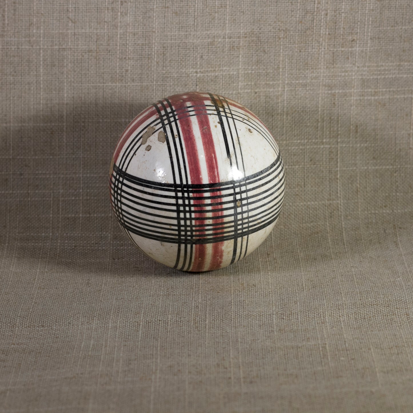 Antique VICTORIAN CARPET BALL with Rare Red and Black Glaze Plaid Design 3” Circa 1860 - 1890