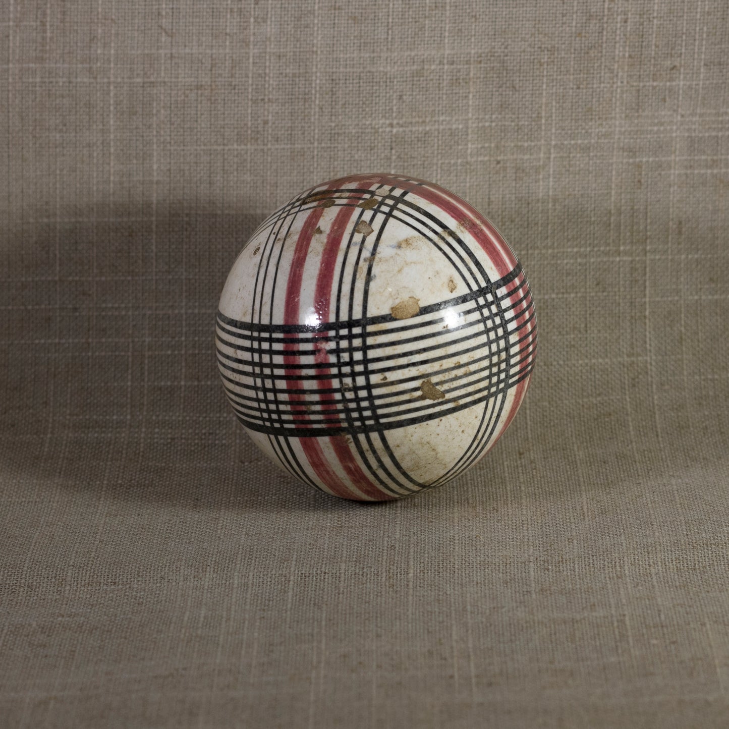 Antique VICTORIAN CARPET BALL with Rare Red and Black Glaze Plaid Design 3” Circa 1860 - 1890