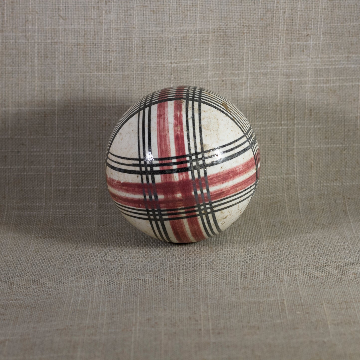 Antique VICTORIAN CARPET BALL with Rare Red and Black Glaze Plaid Design 3” Circa 1860 - 1890