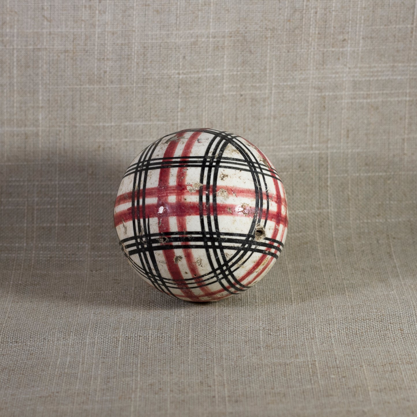 Antique VICTORIAN CARPET BALL with Rare Red and Black Glaze Plaid Design 2 ¾” Circa 1860 - 1890