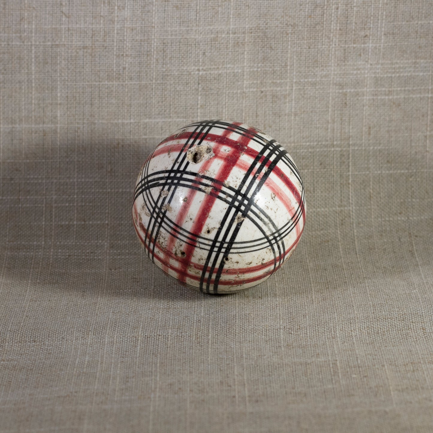 Antique VICTORIAN CARPET BALL with Rare Red and Black Glaze Plaid Design 2 ¾” Circa 1860 - 1890