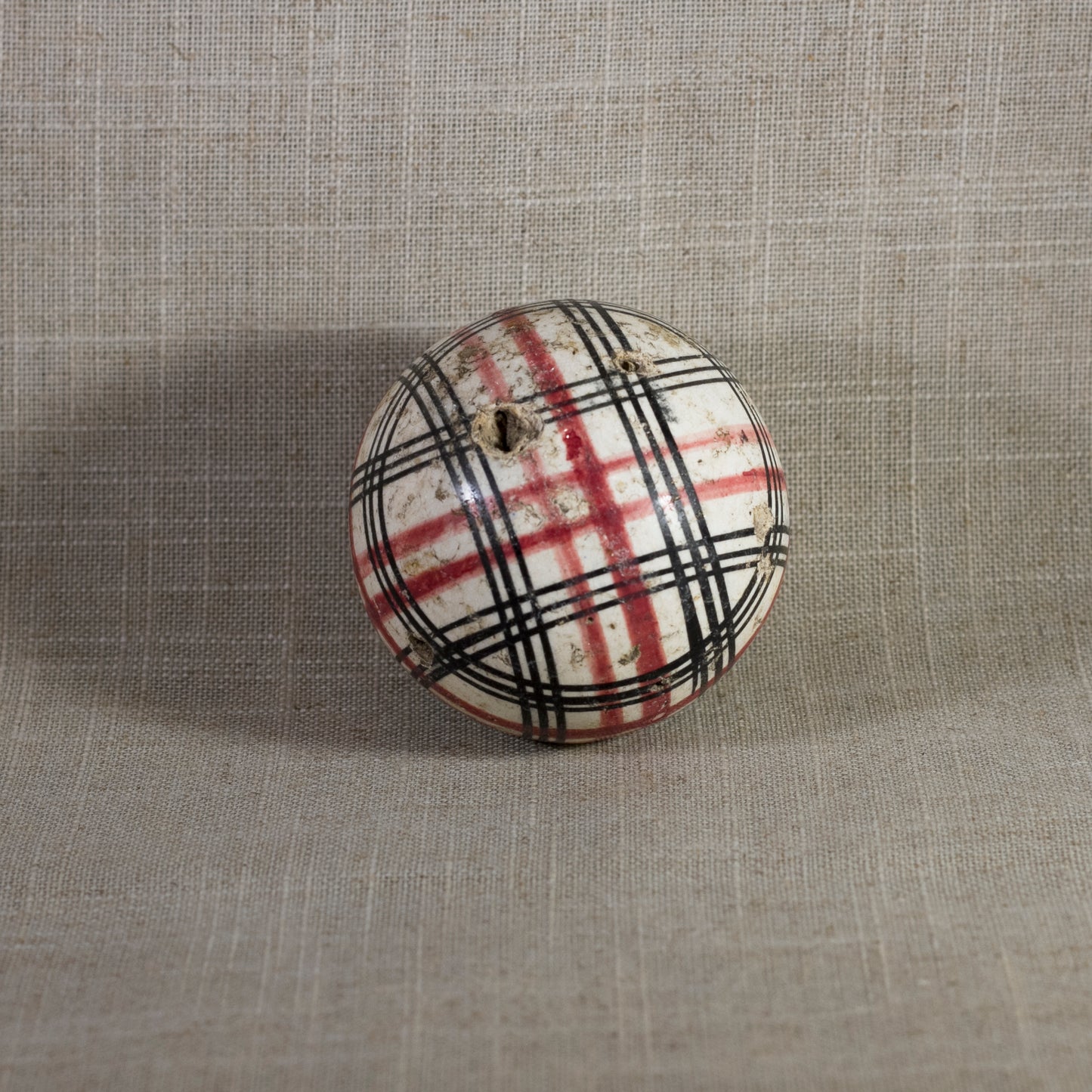 Antique VICTORIAN CARPET BALL with Rare Red and Black Glaze Plaid Design 2 ¾” Circa 1860 - 1890