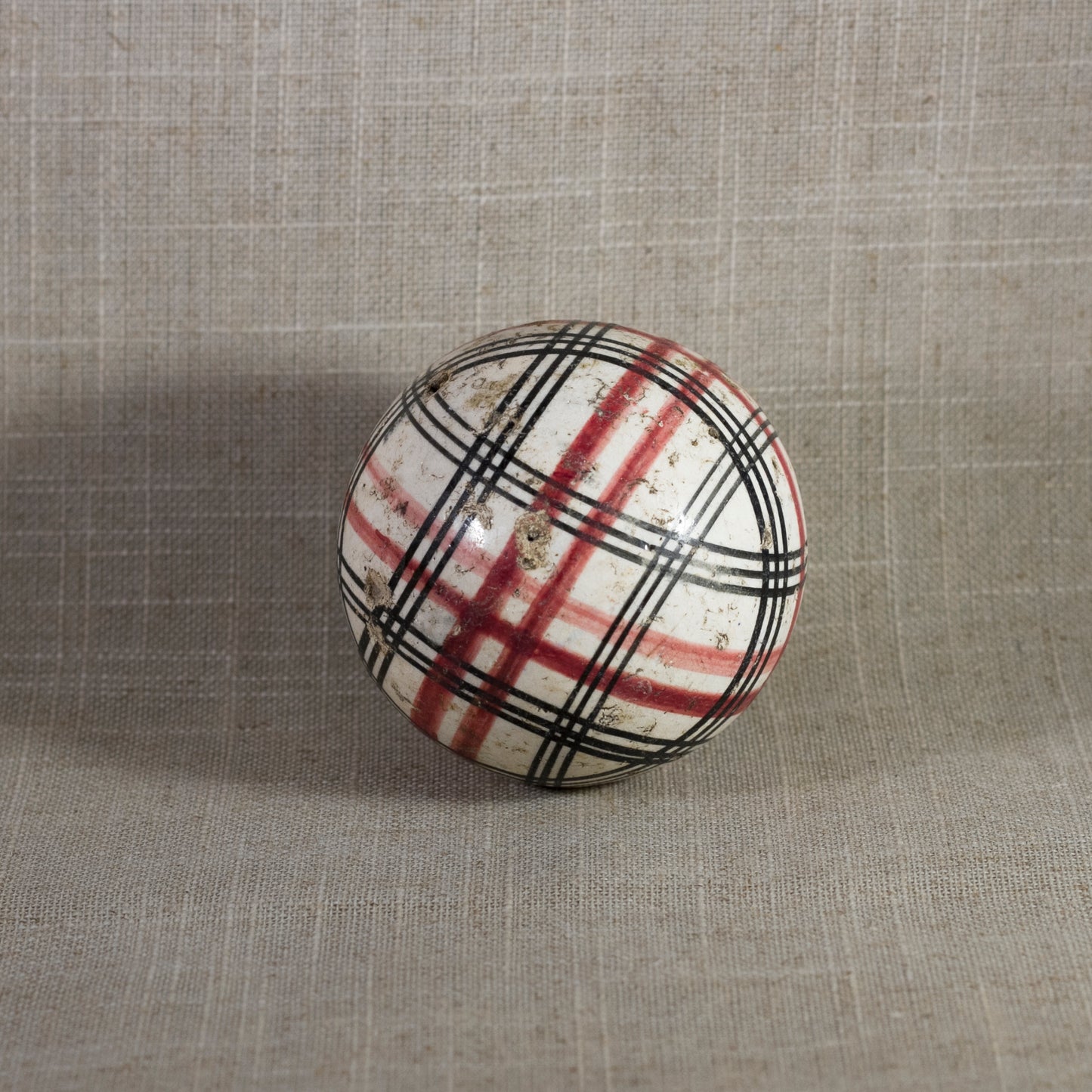Antique VICTORIAN CARPET BALL with Rare Red and Black Glaze Plaid Design 2 ¾” Circa 1860 - 1890