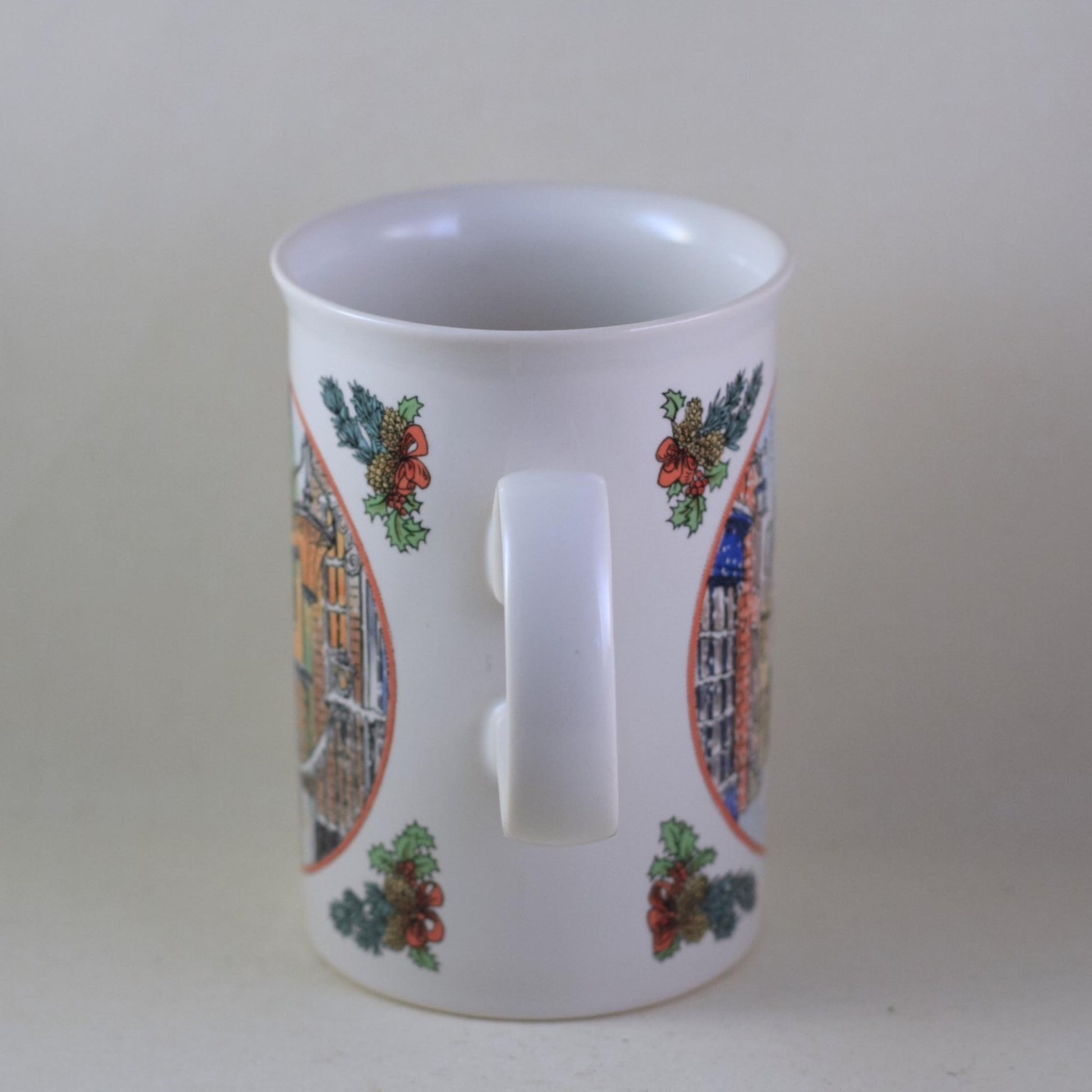 DUNOON SUE SCULLARD Bone China Mug Christmas Village with Tabby Cat