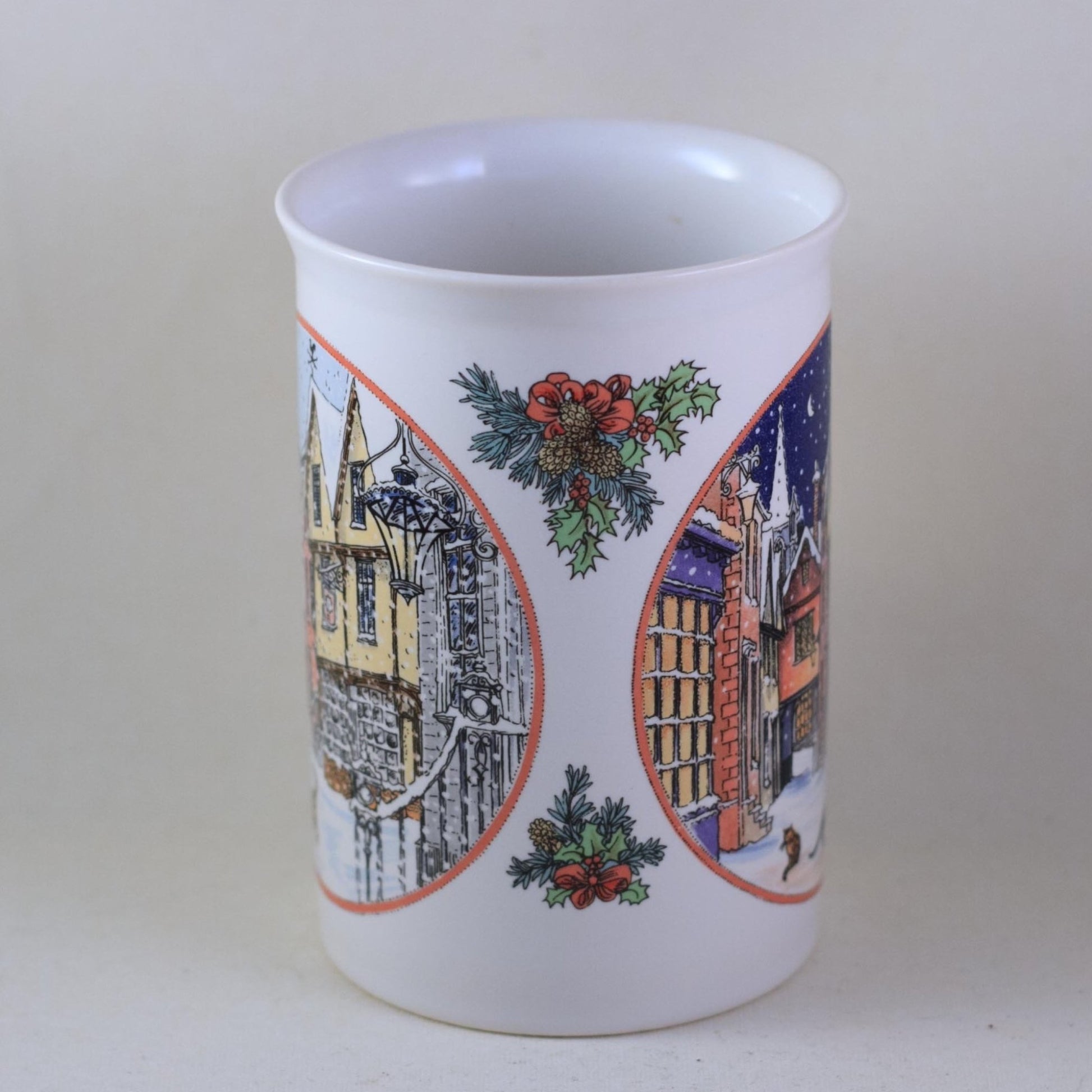DUNOON SUE SCULLARD Bone China Mug Christmas Village with Tabby Cat