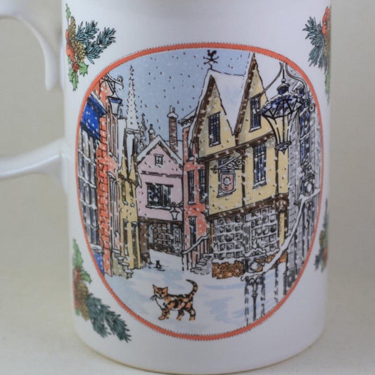 DUNOON SUE SCULLARD Bone China Mug Christmas Village with Tabby Cat