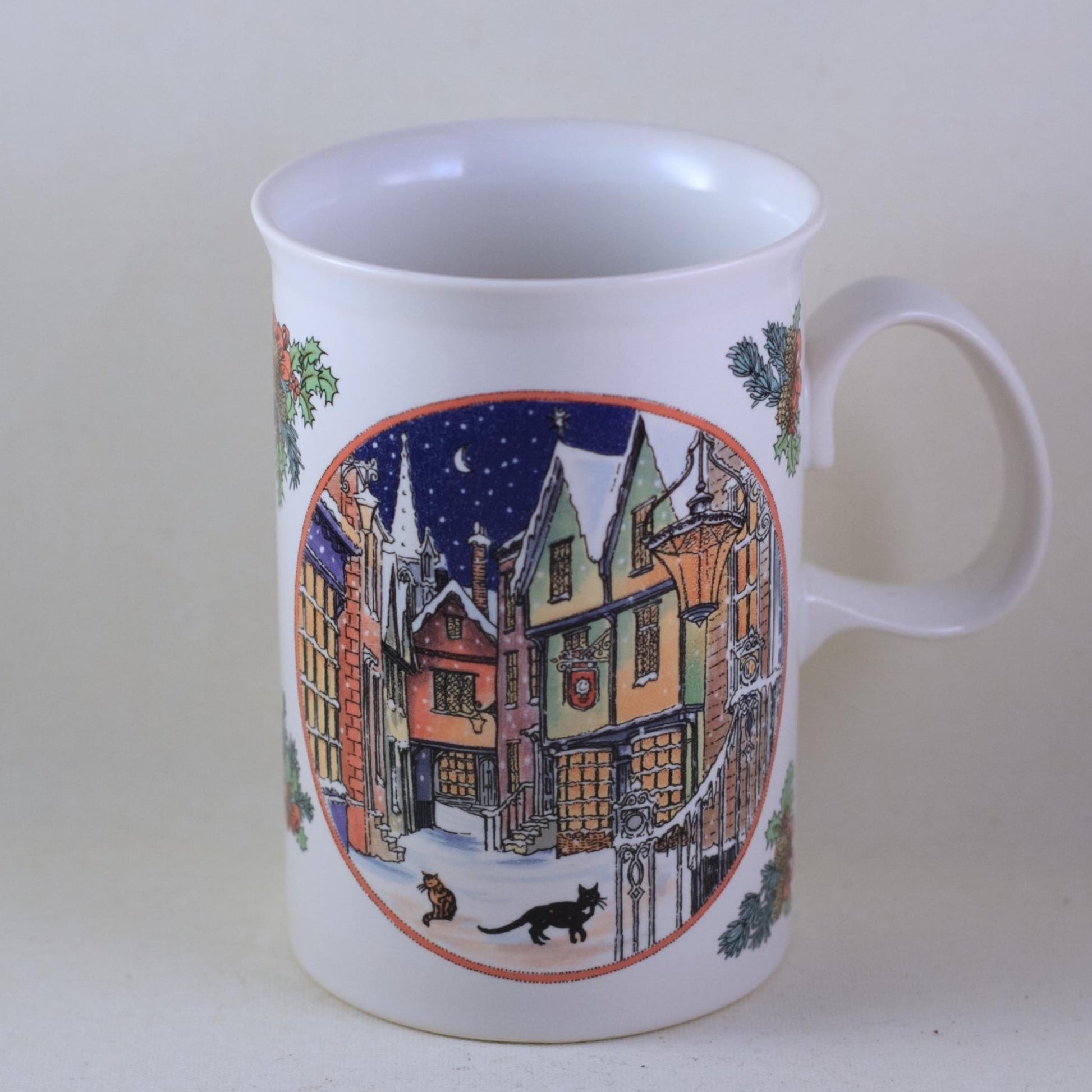 DUNOON SUE SCULLARD Bone China Mug Christmas Village with Tabby Cat