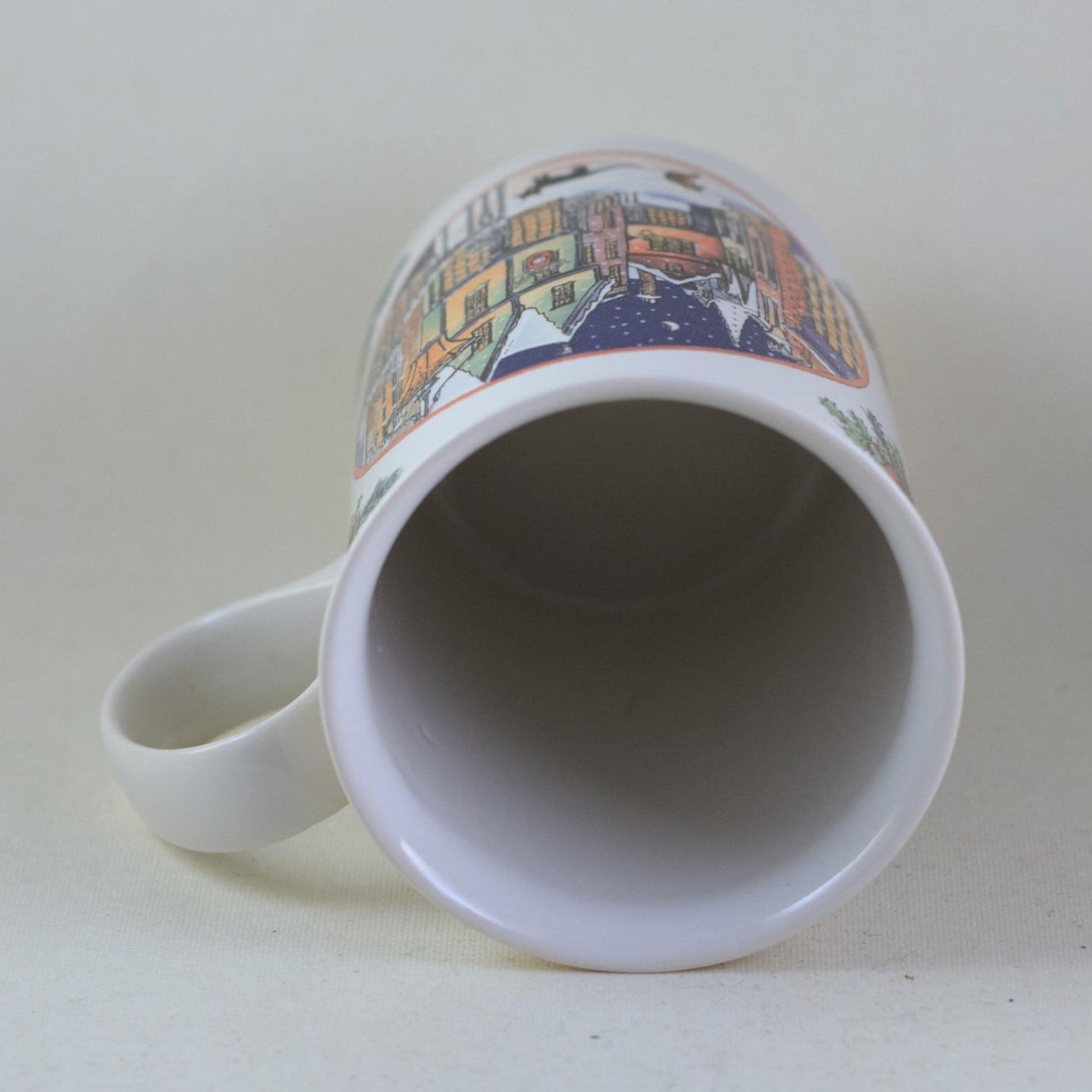 DUNOON SUE SCULLARD Bone China Mug Christmas Village with Tabby Cat