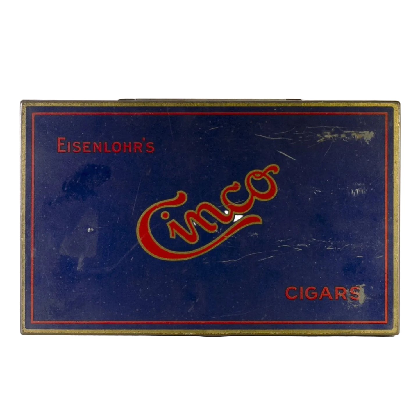 EISENLOHR'S CINCO CIGARS TIN is from the 1920s. Cinco was the chief product of the Philadelphia based cigar firm of Otto Eisenlohr and Brothers, a popular priced brand in the 1920s, producing and selling 210 million of the cigars. The brand was considered the largest individual seller of cigars in the United States.
