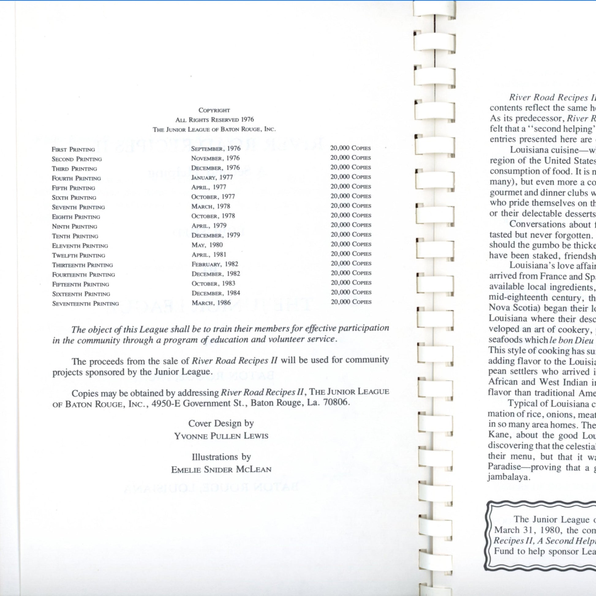 RIVER ROAD RECIPES II: A Second Helping | Junior League of Baton Rouge | 1986 ©1976 Copyright Page