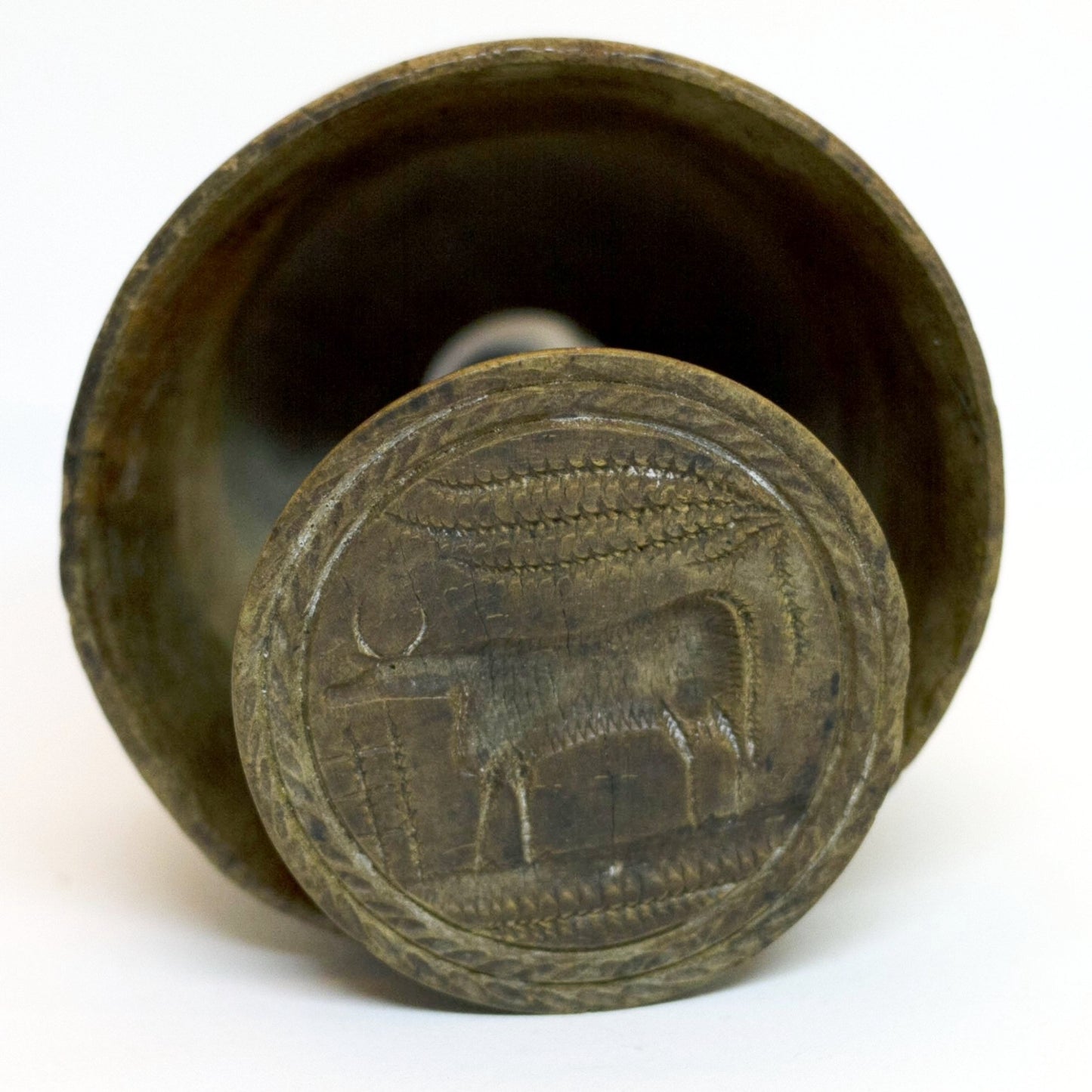 Antique PRIMITIVE BUTTER MOLD Cow and Wheat or Maize Ears Motif Circa Late 1800s