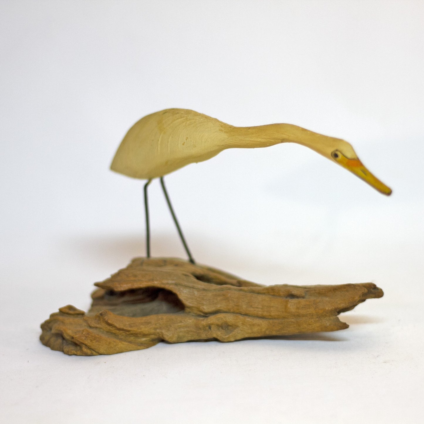 Hand Painted and Carved LONG-NECKED CRANE WOOD SCULPTURE Circa 1980s