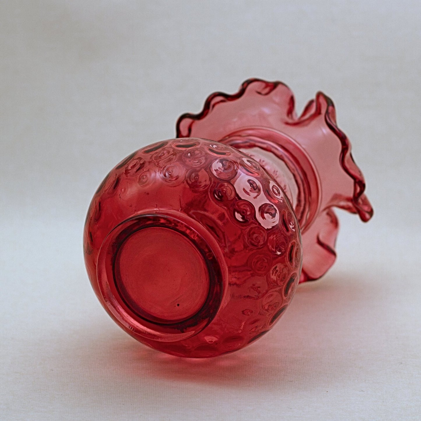 FENTON CRANBERRY ART GLASS Two-Ring Vase with Ruffled Edge in Ruby Overlay & Polka Dot Pattern Circa 1950s
