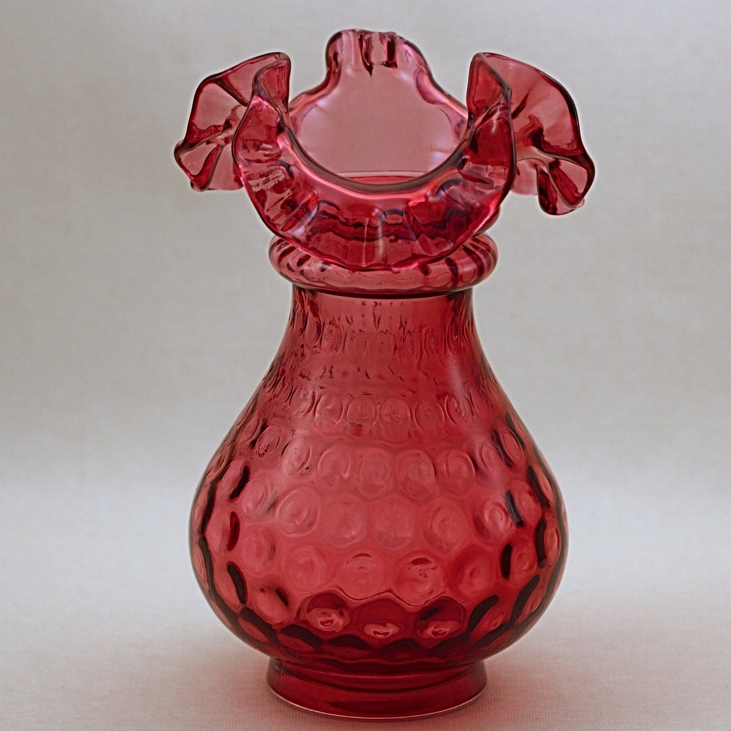 FENTON CRANBERRY ART GLASS Two-Ring Vase with Ruffled Edge in Ruby Overlay & Polka Dot Pattern Circa 1950s