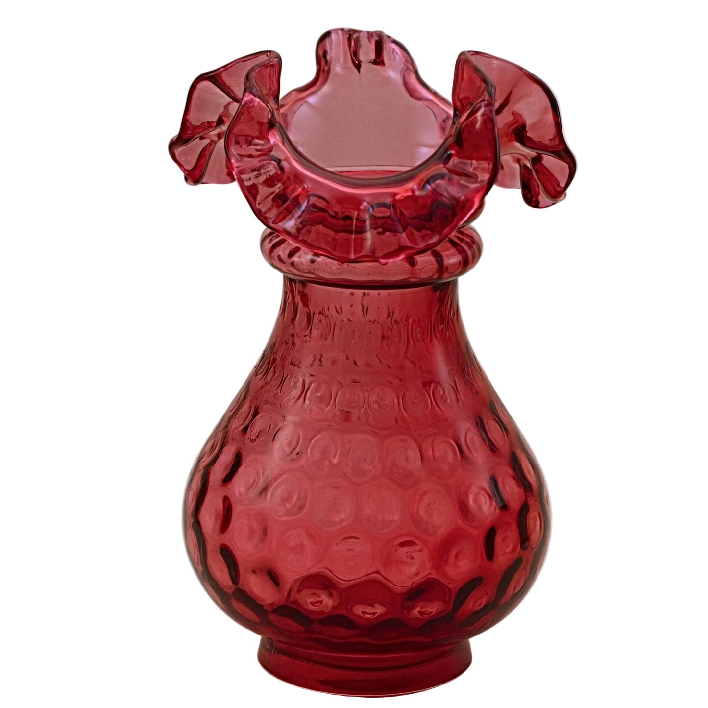 FENTON CRANBERRY ART GLASS Two-Ring Vase with Ruffled Edge in Ruby Overlay & Polka Dot Pattern Circa 1950s