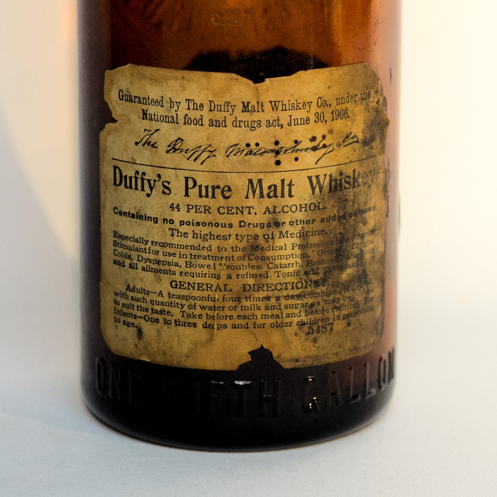 Amber Glass DUFFY'S PURE MALT WHISKEY Bottle With Original Duffy Paper Labels Circa 1910